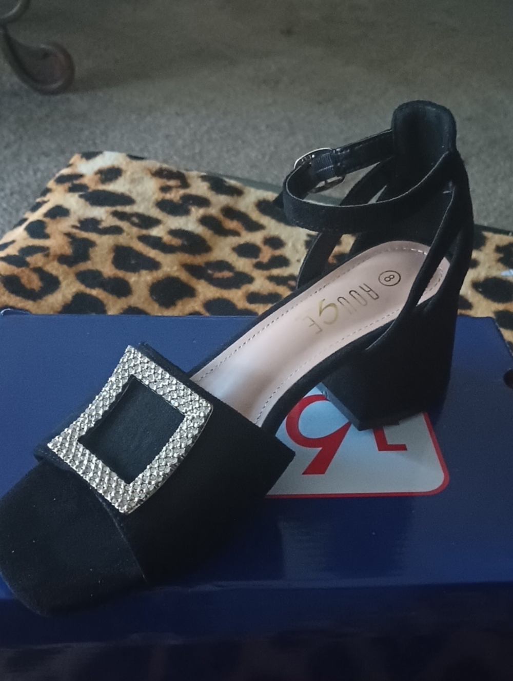 Rouge! Black Block Heel Sandal with Rhinestone Square Accent